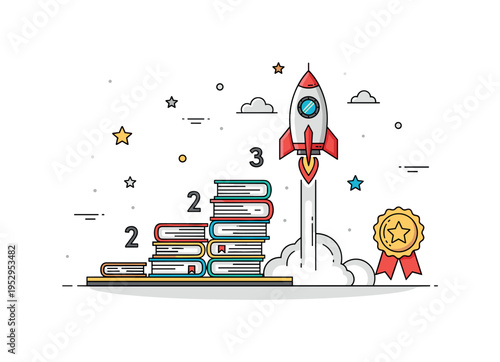 Academic growth journey illustrated by stacked books forming a launch pad beneath a rising rocket, expressing step by step progress toward success. The badge