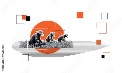 Black and white realistic agricultural workers harvesting crops in a field, placed slightly off-center, layered with a bold orange circle behind the figures