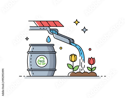 Rainwater harvesting for irrigation depicted by a small barrel collecting droplets from a roof gutter and channeling water to plants, symbolizing eco friendly