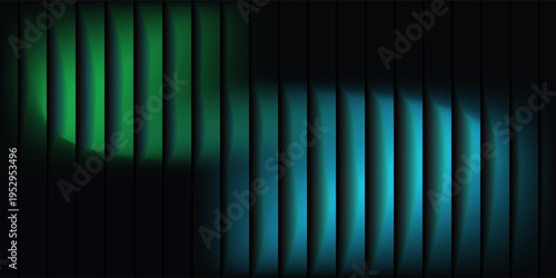 A striped glass gradient surface, in neon green and turquoise shades, a futuristic panel with vertical prism distortion. A dark abstract plane filled with fractal textures, vector illustration.