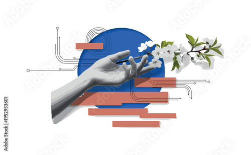 Conceptual spring theme with black-and-white hand reaching toward blossoming branch, cobalt blue circle backdrop, muted coral rectangular accents layered