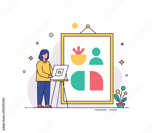 Heritage storytelling through art portrait illustrated by an artist standing beside a framed cultural artwork featuring symbolic shapes, conveying identity,