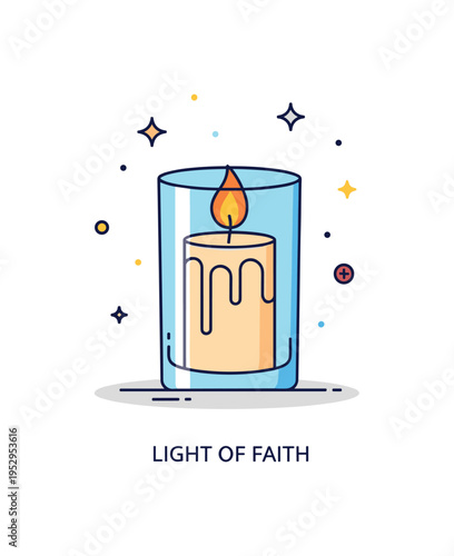 Spiritual prayer candle scene centered on a tall glass candle with gentle flame and tiny sparkle accents around it, symbolizing guidance and reflection. A