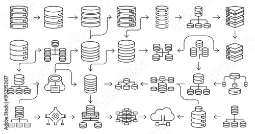 Database architecture vector icons set for cloud storage and data management systemsDatabase architecture vector icons set for cloud storage and data management systems