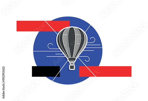 A monochrome hot air balloon lifting gently, oversized flat circle behind anchoring the composition, thin intersecting lines suggesting wind direction,