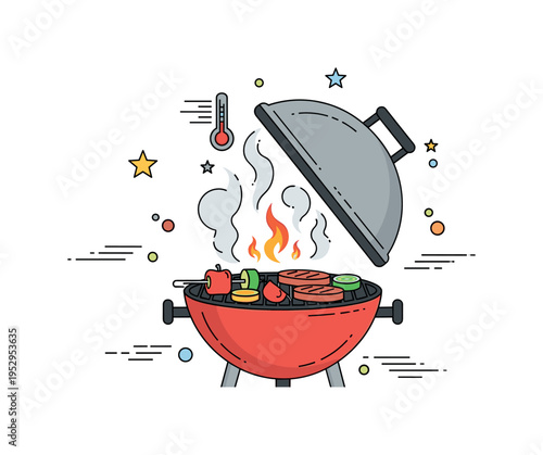 Outdoor grilling with a smoke-filled grill lid lifted, revealing sizzling vegetables and meat, highlighting temperature control and mastery of barbecue.