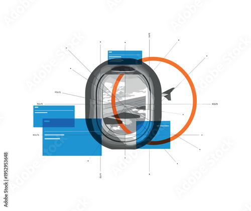 Conceptual adventure collage featuring black-and-white airplane window view with clouds, orange circular frame element, blue rectangular modules layered like