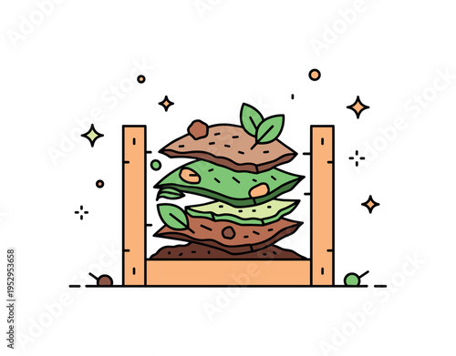 Layering green and brown materials in compost bin illustrated by a cutaway view of a simple compost box with alternating layers of leaves and vegetable scraps,