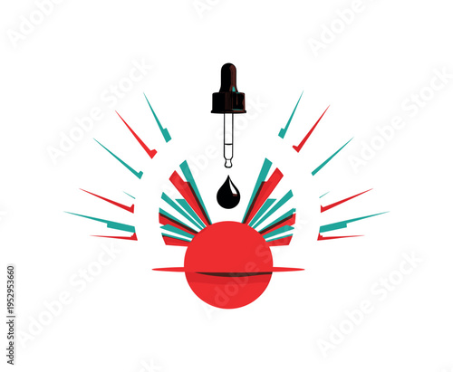 Black and white dropper releasing a single drop that transforms into a perfect flat color circle, oversized halo shape behind, red and teal geometric shards