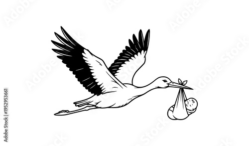 Black and White Stork Carrying Baby Vector Illustration for Birth Announcements and Parenting