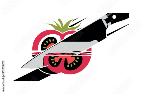 A monochrome close-up of a knife slicing through a geometric tomato made of flat circular shapes, sharp diagonal lines emphasizing motion, strong negative