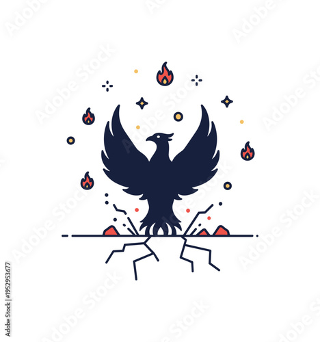 Rising from destruction phoenix silhouette emerging from cracked ground with small ember icons floating upward. A refined visual metaphor for strength born