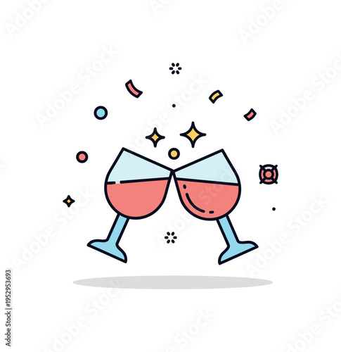 Festive party atmosphere shown as two clinking glasses with tiny sparkle accents and floating confetti, symbolizing shared joy and social gatherings. The small