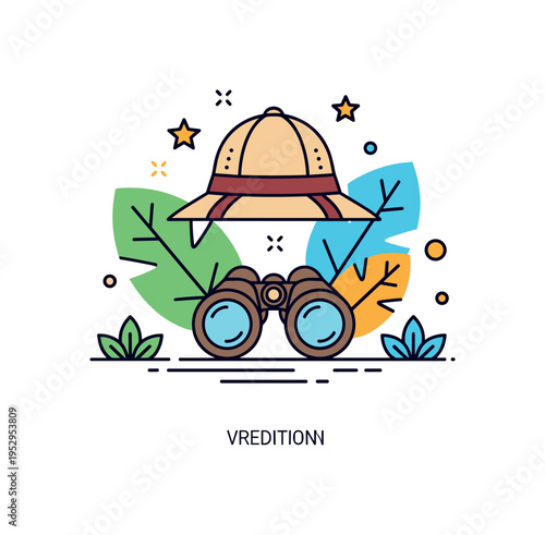 Jungle expedition explorer hat and binoculars placed against minimal leaf shapes, symbolizing curiosity and discovery. A lively badge style illustration about