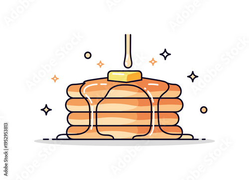 Stack of crispy pancakes with syrup illustrated by a short stack crowned with a pat of butter and smooth syrup flow, accented by tiny sparkle details to