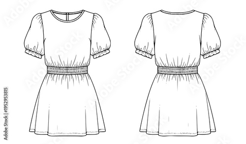 Puff Sleeve Mini Dress Flat Technical Vector Illustration for Fashion CAD and Templates
