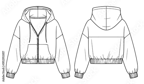 Hooded Sweatshirt Zipped Jacket Flat Technical Vector Illustration for Fashion CAD and Sportswear
