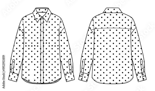 Long Sleeve Polka Dot Shirt Technical Flat Fashion Illustration Front and Back CAD Template