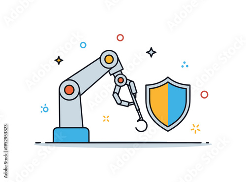 Robotic surgery advancement theme featuring a simplified robotic arm holding a surgical tool beside a small shield icon, symbolizing accuracy and safety in