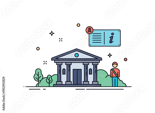 Visiting a preserved historic site illustrated by a minimal architectural silhouette paired with a visitor figure and subtle information plaque icon,