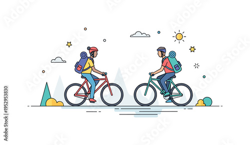 Two friends cycling together on a sunny path with backpacks, emphasizing adventure, shared activity, and the joy of exploring together. Minimalist flat vector