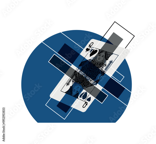 Monochrome close-up of a floating playing card mid-air, intersected by a large blue semicircle and abstract rectangular blocks symbolizing illusion mechanics,