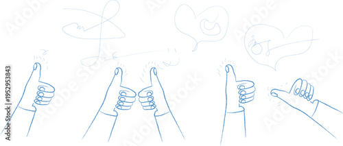 stylized blue line art illustration of multiple hands giving thumbs up with abstract symbols above, expressive artwork representing positivity, encouragement, approval, cheerful decorative design for 