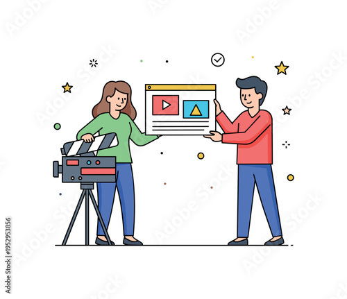 A filmmaker reviewing a storyboard with a collaborator, showing planning, storytelling strategy, and visual narrative development. Minimalist flat vector
