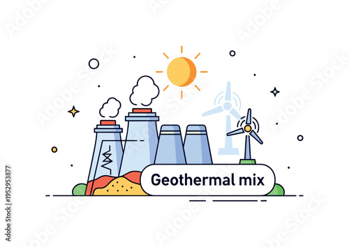 Renewable energy mix badge combining a geothermal plant icon with subtle sun and wind symbols in the background, highlighting geothermal as part of a broader