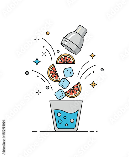Cocktail preparation citrus slices and ice cubes combining in a shaker, with dynamic curved lines showing energetic motion. A stylish concept icon about