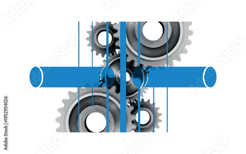 Black and white tight macro of meshing gears in motion blur style, layered with bold blue cylindrical accents and thin vertical lines reinforcing rotational