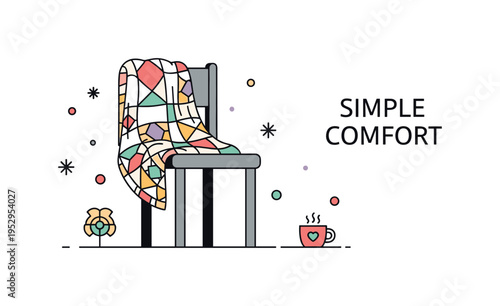 Faded quilt country cottage charm scene with a simple wooden chair silhouette draped in a soft patterned blanket, expressing rustic warmth and peaceful living.