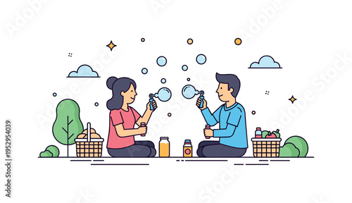 Couple enjoying bubble blowing fun at a picnic in the park, with floating bubbles adding magic and lightness to a relaxed afternoon. Minimalist flat vector