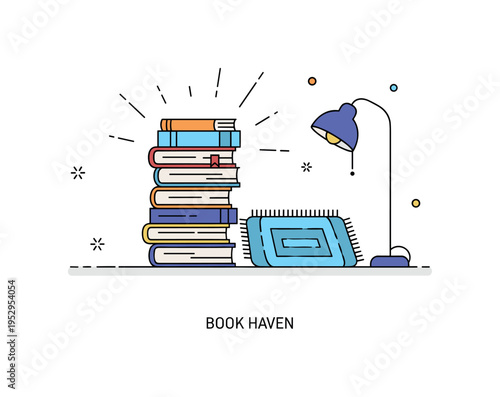 Minimal home library corner showing a tall stack of books next to a soft rug and simple lamp silhouette. Subtle light rays and a short ?Book Haven? caption