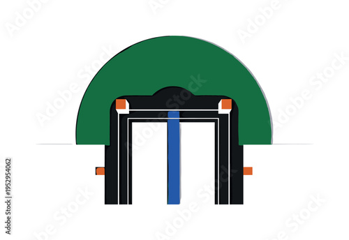 Black and white aerial-inspired view of fortress courtyard simplified into geometric layout, large deep green semicircle framing upper composition, cobalt blue