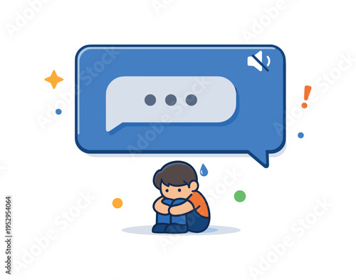 Recruiter ghosting candidates concept represented by a small human figure beneath a large muted chat window with ellipsis stuck mid-typing, conveying waiting