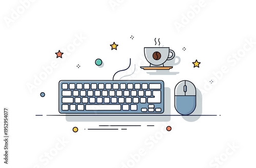 Office workstation essentials illustrated by a tidy keyboard and mouse aligned neatly with a small coffee cup icon to suggest daily productivity and focused