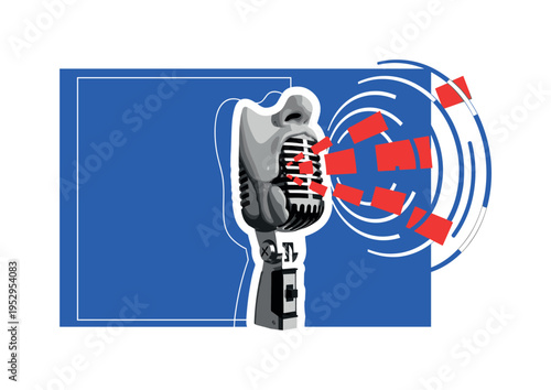 A monochrome close-up of a throat and microphone combined into one surreal object, voice illustrated as bold circular waves and abstract blocks expanding