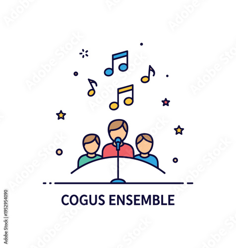 Chorus ensemble concept featuring three small singer silhouettes arranged in a gentle arc with floating music notes above, representing group vocals and stage
