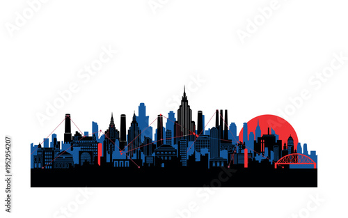 Black and white city skylines layered from different architectural styles blended into one horizon, bold red semicircle rising like economic sunrise, abstract