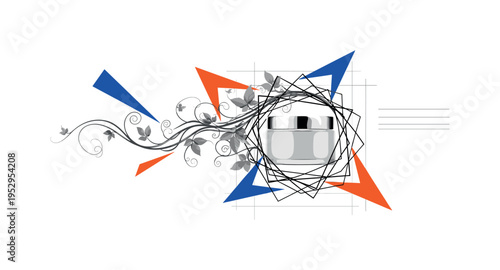 Black and white flowing vines transforming into structured geometric lines wrapping around a product container, bold cobalt blue and orange flat accent shapes
