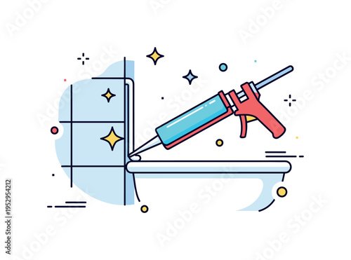 Waterproof bathroom sealing process illustrated by a caulking gun applying a precise bead along the seam between tile and tub, with small sparkle accents