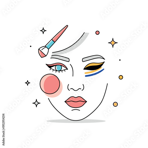 Makeup artistry editorial scene centered on a face with geometric blush and graphic eyeliner lines. A small brush icon and gentle decorative stars communicate