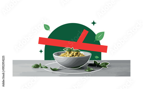 Black and white rustic table scene with bowl of pesto pasta and scattered basil leaves, oversized rich green semicircle rising behind the bowl, bright red