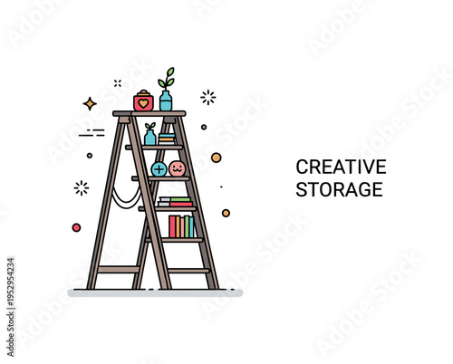 Upcycled ladder shelf decor illustration centered on an old ladder repurposed into a shelving unit holding small decorative items, expressing creativity and