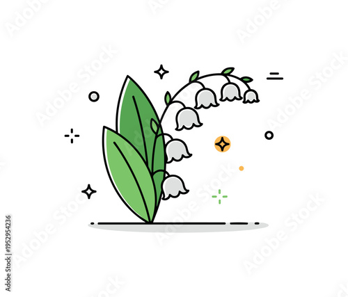 Lily of the valley blooming with delicate white bell-shaped flowers and green leaves, softly arching in a small cluster, symbolizing purity and springtime.