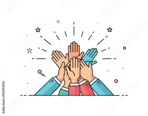 Team spirit and motivation cluster of raised hands meeting in the center with subtle burst lines radiating outward, symbolizing energy and momentum. A powerful