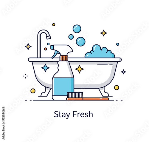 Bathroom cleaning essentials centered on a spray bottle and brush placed beside a minimal bathtub silhouette, expressing sanitation and routine care. Soft