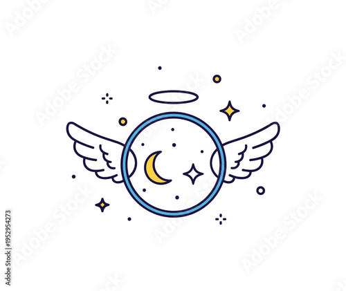 Celestial harmony symbol presented with small angel wings attached to a circular frame enclosing a tiny moon and star, expressing balance between heaven and