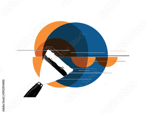 Black and white putty knife scraping across wall mid-action, large deep blue circular disc behind intersected by warm orange semicircles representing layered